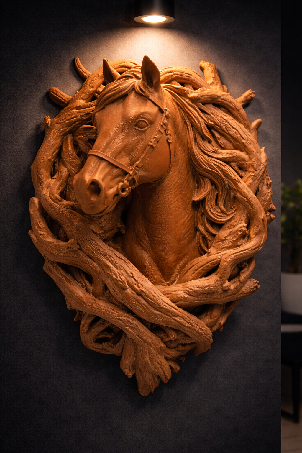 Testa di Cavallo da Parete – Scultura Moderna Effetto Legno Luxury Design