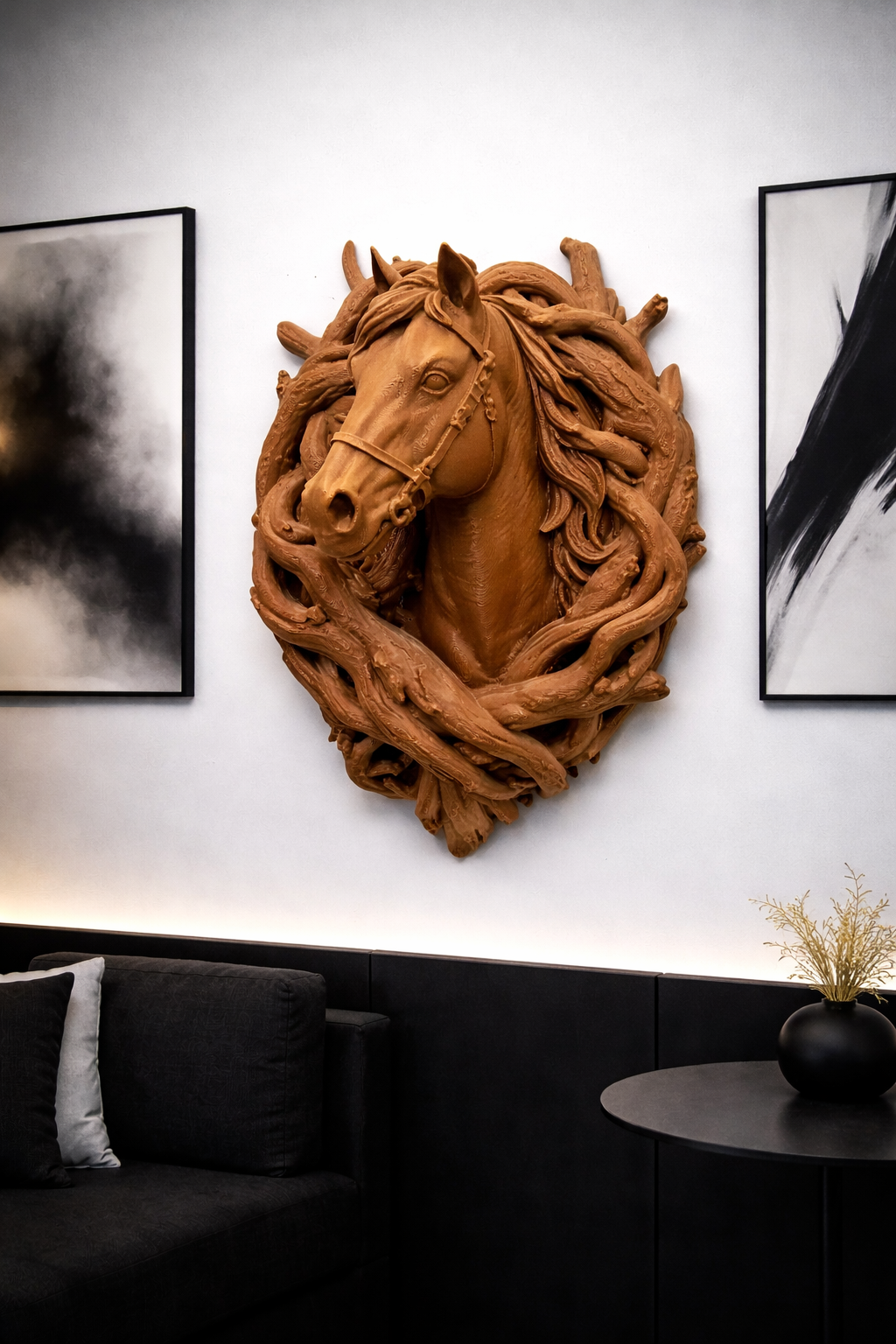 Testa di Cavallo da Parete – Scultura Moderna Effetto Legno Luxury Design